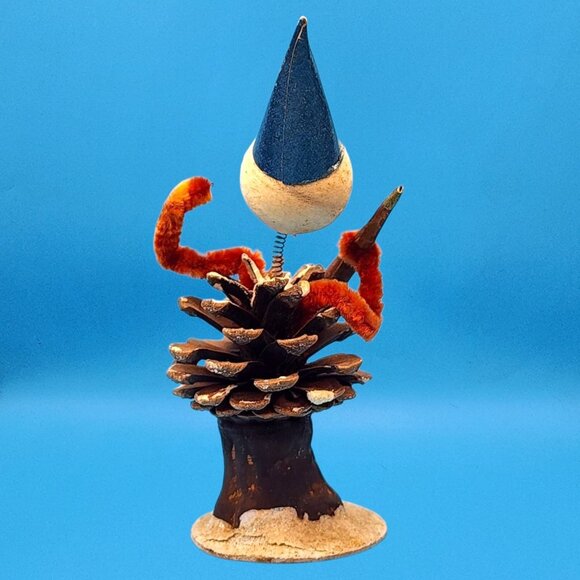 Vintage Bobblehead Elf Ornament Pinecone Body Spun Cotton Chenille Clarinet 50s - Picture 5 of 9